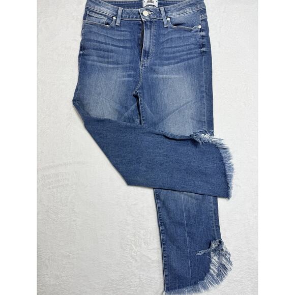 PAIGE HOXTON ANKLE FRAYED HEM WOMEN’S JEANS Sz 30x24 Destructed Mid Rise Stretch - Picture 1 of 10
